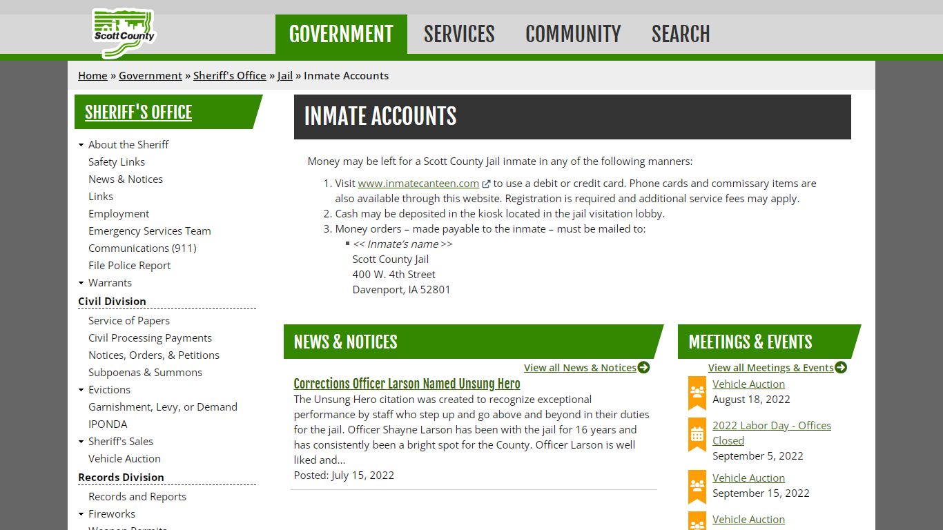 Inmate Accounts | Scott County, Iowa